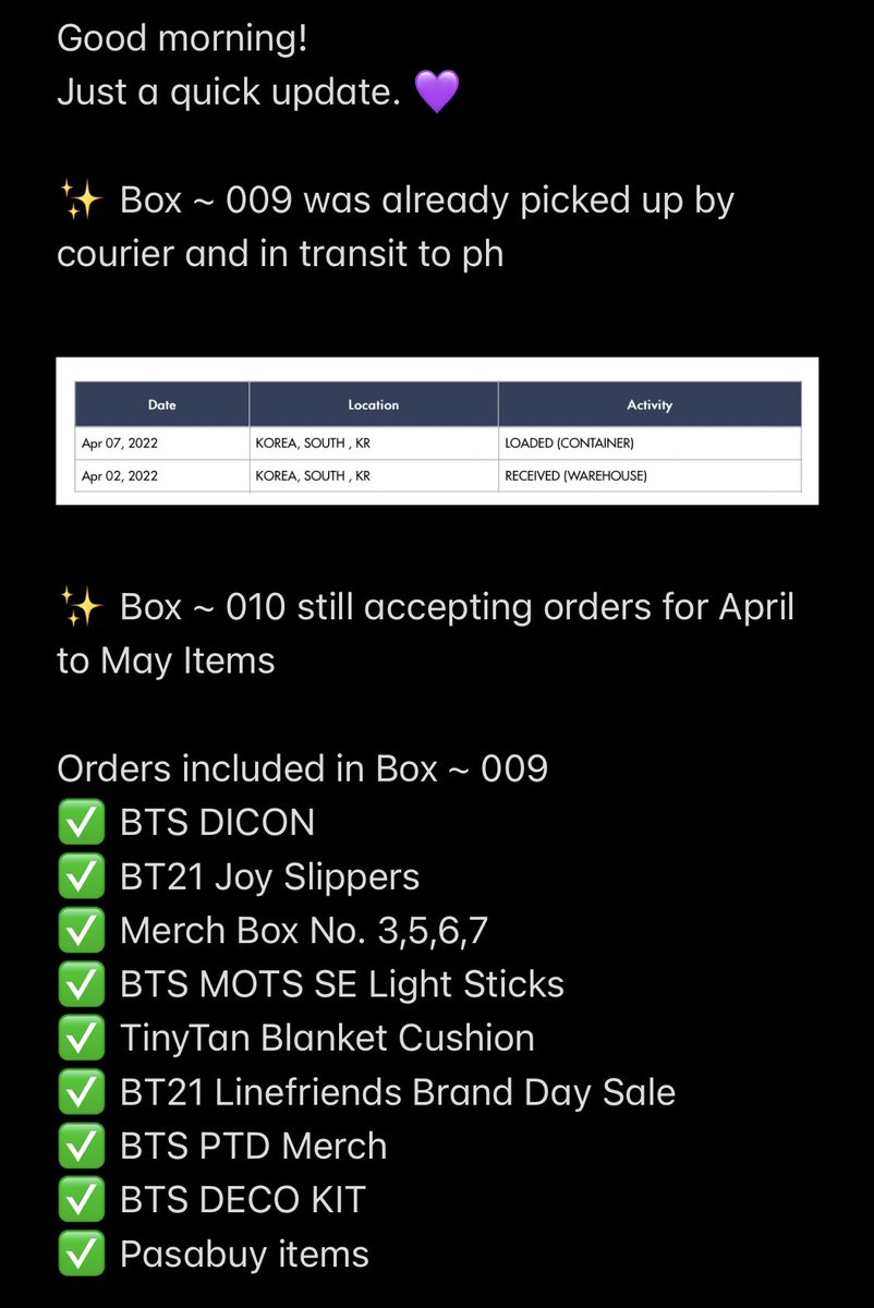 shop_missj's tweet photo. #ShopMissJUpdates
Good morning!
Just a quick update regarding our box.
ETA: after Holy Week if no delays
Thank you for your patience my dear buyers.
Happy Palm Sunday and stay safe! π https://t.co/oAcRKHWH1c
