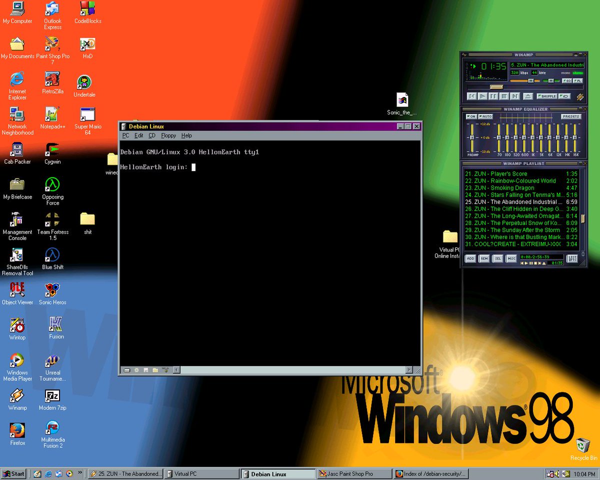 doitonwin98's tweet photo. Cygwin isnt linux enough for you? Not a problem! You can run Debian Woody using Virtual PC 4.1

Debian 11 was originally planned to be used, but it kernel paniced instantly, so a much older version was used instead. (kernel panic is pic #4) https://t.co/yPx1YYaCaD