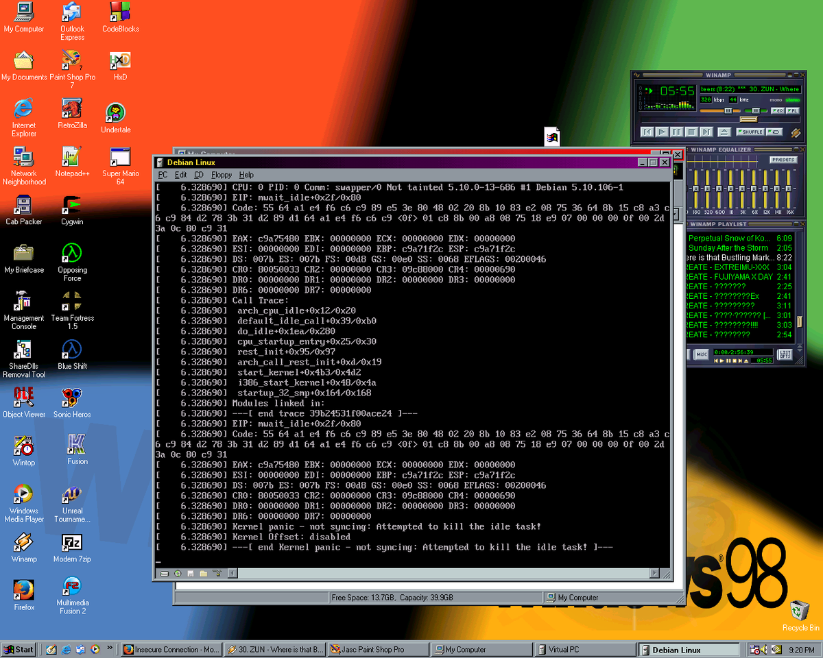 doitonwin98's tweet photo. Cygwin isnt linux enough for you? Not a problem! You can run Debian Woody using Virtual PC 4.1

Debian 11 was originally planned to be used, but it kernel paniced instantly, so a much older version was used instead. (kernel panic is pic #4) https://t.co/yPx1YYaCaD