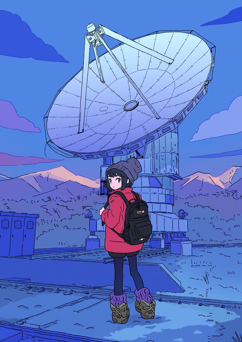 1girl solo backpack bag outdoors sky black hair  illustration images