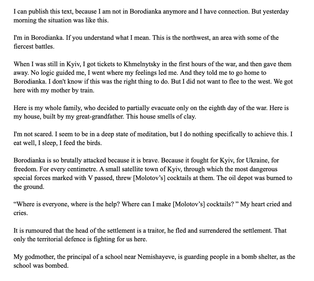 WarTranslation's tweet photo. Voices of Borodianka (March 5, 2022) 

Recollections of a resident of once-occupied, now liberated town of Borodianka, published by 
@HromadskeUA
 
Translated by Emma Rimpiläinen

Original https://t.co/erEWsjtWsK https://t.co/mEY4MSxFQW