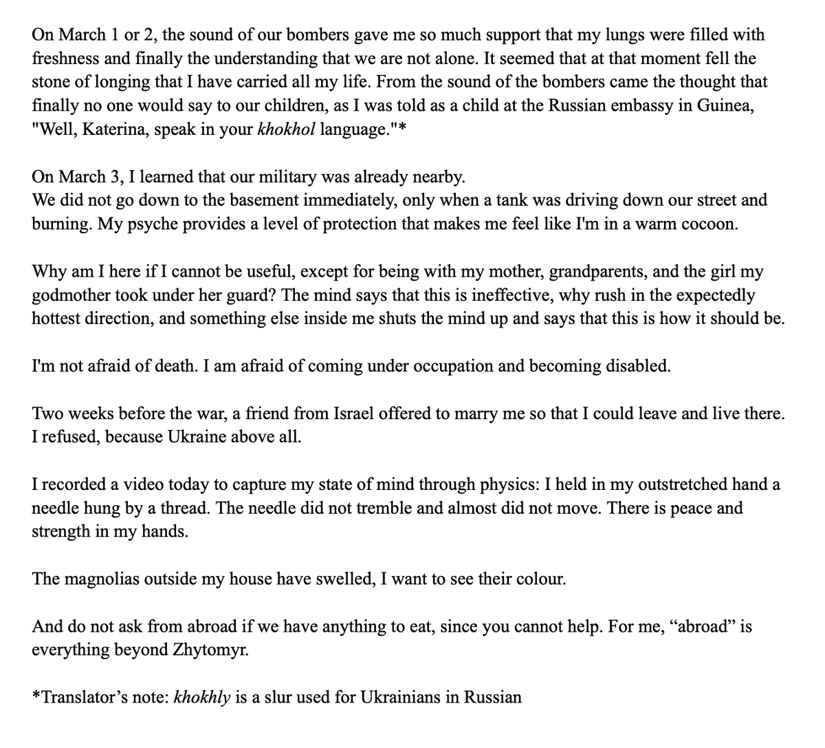 WarTranslation's tweet photo. Voices of Borodianka (March 5, 2022) 

Recollections of a resident of once-occupied, now liberated town of Borodianka, published by 
@HromadskeUA
 
Translated by Emma Rimpiläinen

Original https://t.co/erEWsjtWsK https://t.co/mEY4MSxFQW