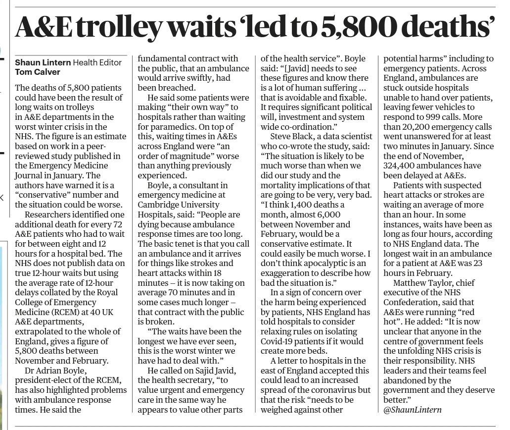 Thousands of people could be dying waiting for ambulances or because of long waits on trolleys in A&E. While @sajidjavid talks about elective backlogs, emergency care in the NHS is collapsing. Today's @thesundaytimes report here: