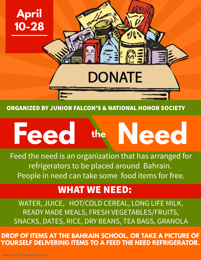BahrainSchool's tweet photo. The Junior Falcon ES Student Council and the MHS National Honor Society are teaming up together on a community service project, Feed the Need. Feed the Need is a community outreach program that works with members in the community to provide free refrigerators throughout  BH. https://t.co/gkKbAxs7Je