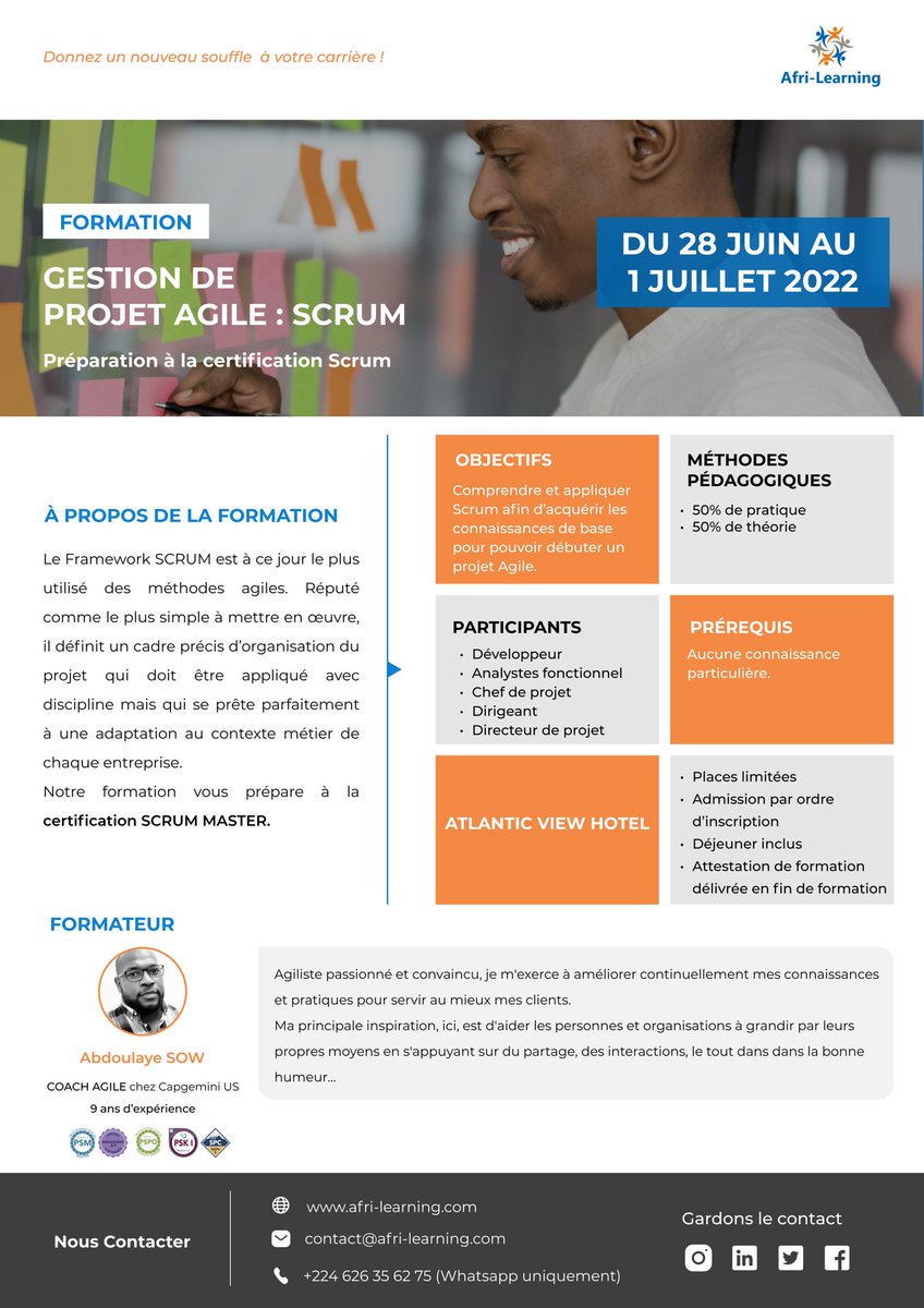 AfriLearning's tweet photo. 📕Formation Gestion de projet agile : Scrum
Venez découvrir les méthodes Agiles avec le Framework #Scrum 

📅 28 juin 2022 
👨🏾‍🏫 Abdoulaye SOW 

📝 Inscription: 
📧 contact@afri-learning.com
☎️ 00224624965013 (WhatsApp Uniquement) 
#formation #agile https://t.co/SimzdiHO7y