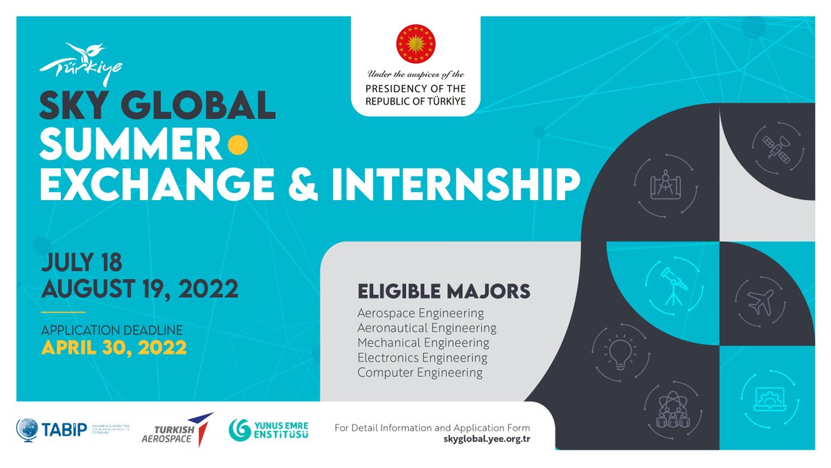 Yunus Emre Enstitüsü - English (@yeeorgtr_en) on Twitter photo 📣🚨 CALL FOR APPLICATIONS
We are pleased to announce the Sky Global Summer Exchange & Internship Program is NOW open!
Interns can expect to gain hands-on #skills development, #networking, #cultural exchanges and more❗️
Apply here: skyglobal.yee.org.tr
<a href="/TUSAS_TR/">Türk Havacılık Uzay Sanayii</a> 📣🚨 CALL FOR APPLICATIONS
We are pleased to announce the Sky Global Summer Exchange & Internship Program is NOW open!
Interns can expect to gain hands-on #skills development, #networking, #cultural exchanges and more❗️
Apply here: skyglobal.yee.org.tr
<a href="/TUSAS_TR/">Türk Havacılık Uzay Sanayii</a>
