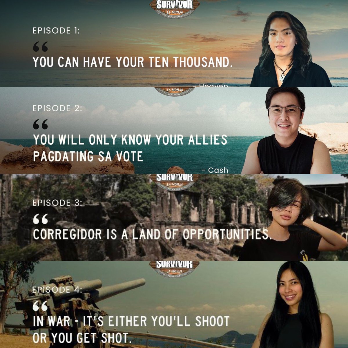 psurvivorleague's tweet photo. #PSLXIX POTEPS so far
EP 1 Heaven
EP 2 Cash
EP 3 Cass
EP 4 Ligaya
Who will be the next Player of the Episode? https://t.co/2UD9Zjt2rF