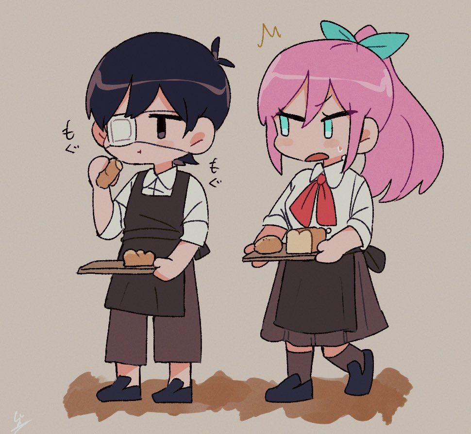 1girl 1boy eyepatch pink hair black hair food tray  illustration images