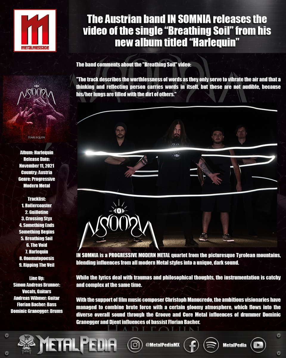 metalmessage's tweet photo. 🃏 I̳N̳ ̳S̳O̳M̳N̳I̳A̳ • @InSoMusic9 • 🇦🇹 • Progressive Modern Metal • #insomnia • Est. 2013
FFO: Omnium Gatherum, early In Flames, Agathodaimon
#progressive #modern #melodicdeath #metal #austria #heavy #extreme #musicvideo #youtube #promotion #PR 
FB: https://t.co/XIDvl6J7Pd https://t.co/Cpo9EFE14r