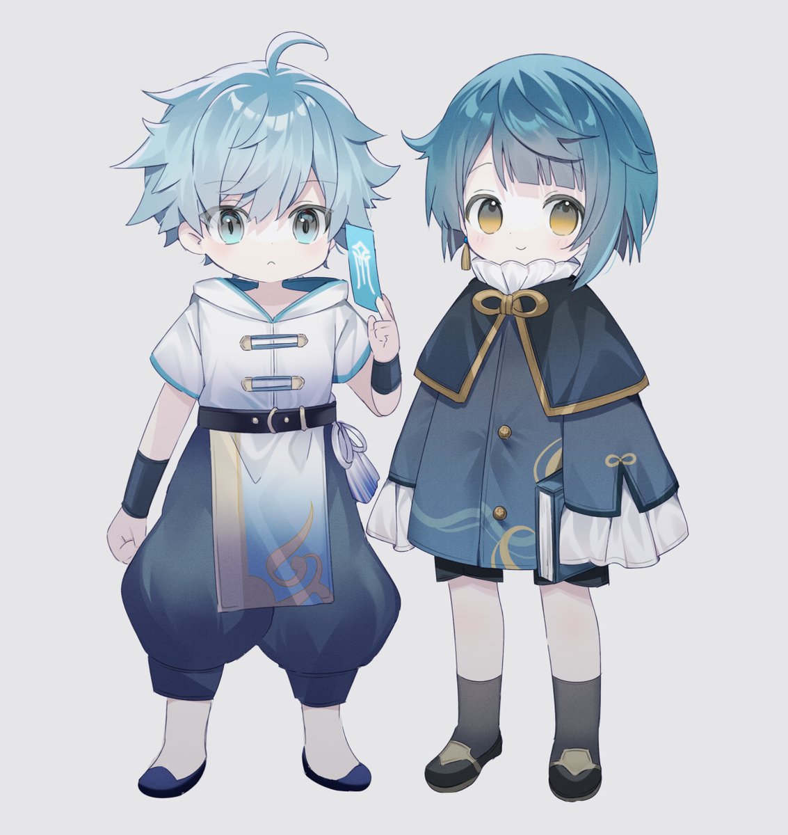 chongyun (genshin impact) ,xingqiu (genshin impact) 2boys multiple boys blue hair male focus holding blue eyes male child  illustration images