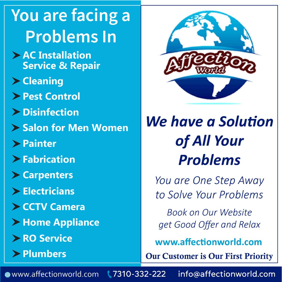 affectionworld1's tweet photo. #AffectionWorld
AC Installation
Cleaning
Pest Control
Disinfection
Salon For Men Women
Painter
Fabrication
Carpenters
Electricians
CCTV Camera
Home Appliance
RO Service
Plumbers https://t.co/5USmGApbPs