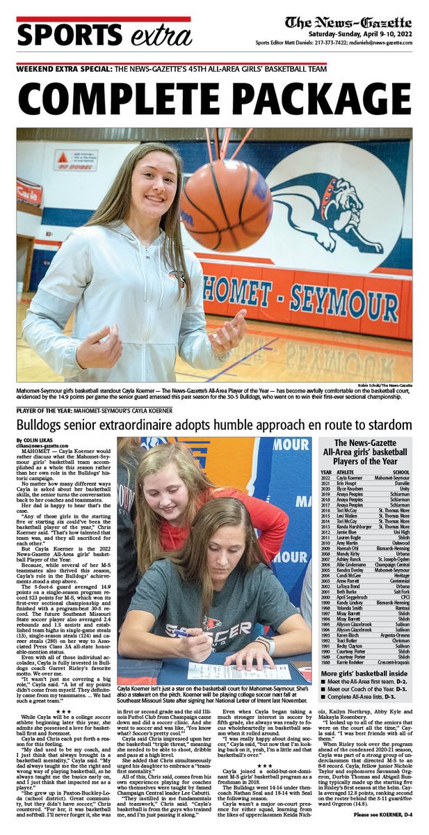 The N-G Weekend Extra sports edition features <a href="/clikasNG/">Colin Likas</a> on the 45th All-Area girls’ basketball team led by Player of the Year Cayla Koerner of <a href="/mshsathletics/">M-SHS Athletics</a>. #NGMedia

<a href="/APSE_sportmedia/">APSE</a> 
<a href="/ngphotostaff/">News-Gazette Photo</a>