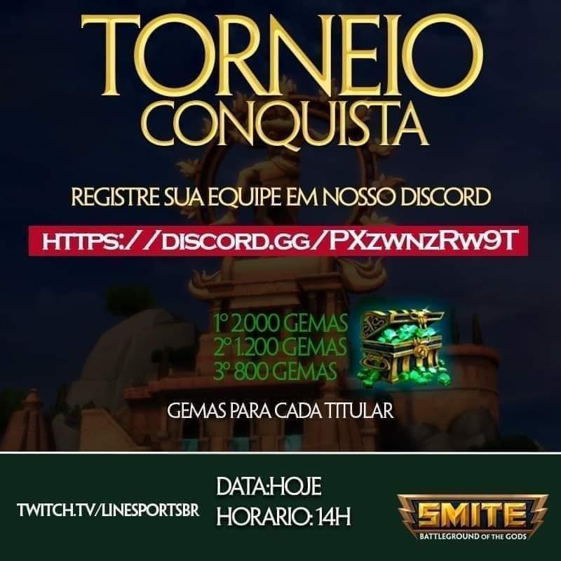 LineSmiteBR's tweet photo. Atenção jogadores de SMITE. Estão abertas as inscrições para o torneio de Conquista. Para participar basta ir até nosso servidor no discord e fazer sua inscrição.

https://t.co/GOf9vms4Nl

A premiação é dada para cada jogador dos times vencedores.

A inscrição agora é solo. https://t.co/F2FMyaQNEn