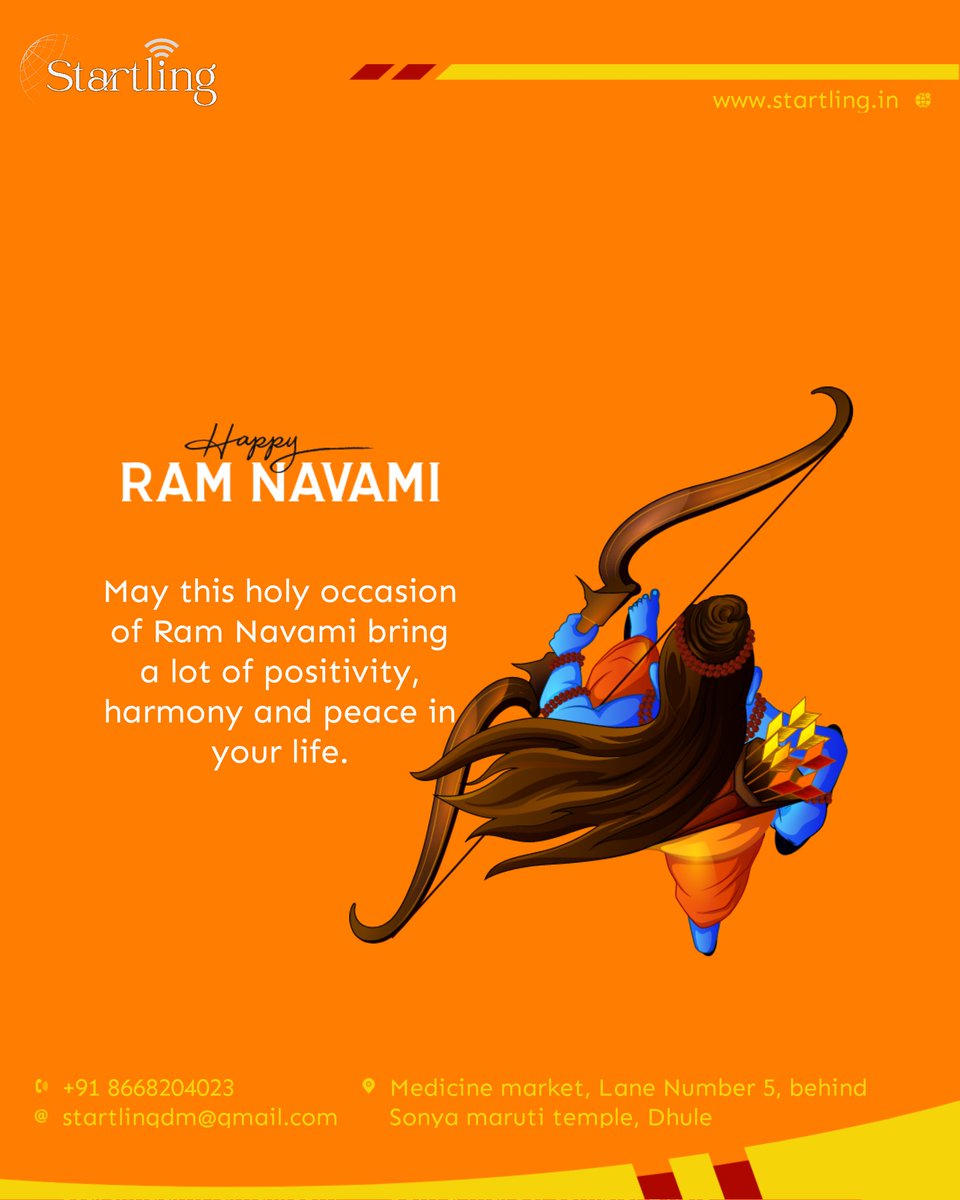 Startlingdm's tweet photo. Greetings to everyone on the auspicious occasion of #RamNavmi . May Prabhu Shri Ram bless everyone with good health, happiness and prosperity.
𝗛𝗮𝗽𝗽𝘆 𝗥𝗮𝗺 𝗡𝗮𝘃𝗮𝗺𝗶!

#ram #jaishreeram #ramayana #digitalmarketing #lordrama #hindu #sitaram #hinduism #lordram #rama https://t.co/E6ux3rGUDR