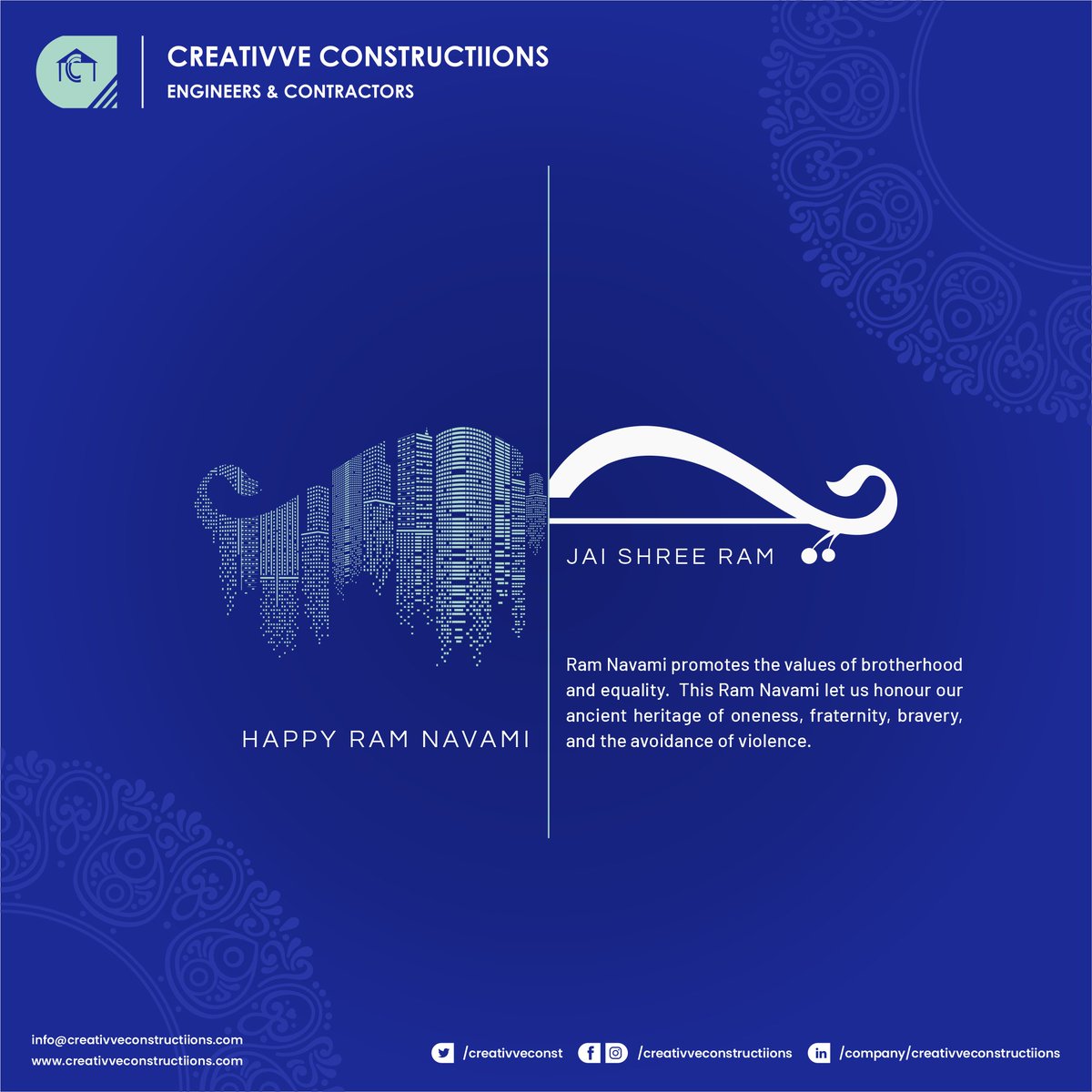 CreativveConst's tweet photo. May this auspicious occasion of #𝗥𝗮𝗺𝗡𝗮𝘃𝗮𝗺𝗶 bring a lot of positivity, peace and harmony in your life. Creativve Constructiions wishes everyone a very 𝗛𝗮𝗽𝗽𝘆 𝗥𝗮𝗺 𝗡𝗮𝘃𝗮𝗺𝗶.
#festivalpost #ramnavami #brotherhood #lordrama #CreativveConstructiions #CreativveFamily https://t.co/8xODPPQniP