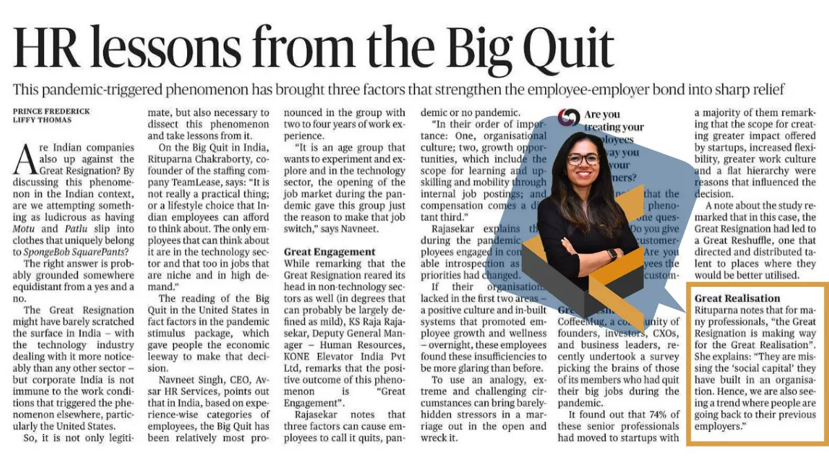 TeamLease's tweet photo. #TheHindu featured Rituparna Chakraborty, Co-founder & EVP, TeamLease Services, in a story titled “HR Lessons from the Big Quit.”
@ritu205
#Bigquit #HRlessons #staffingsolutions #puttingindiatowork #greatresignation https://t.co/hYXjycKOxo
