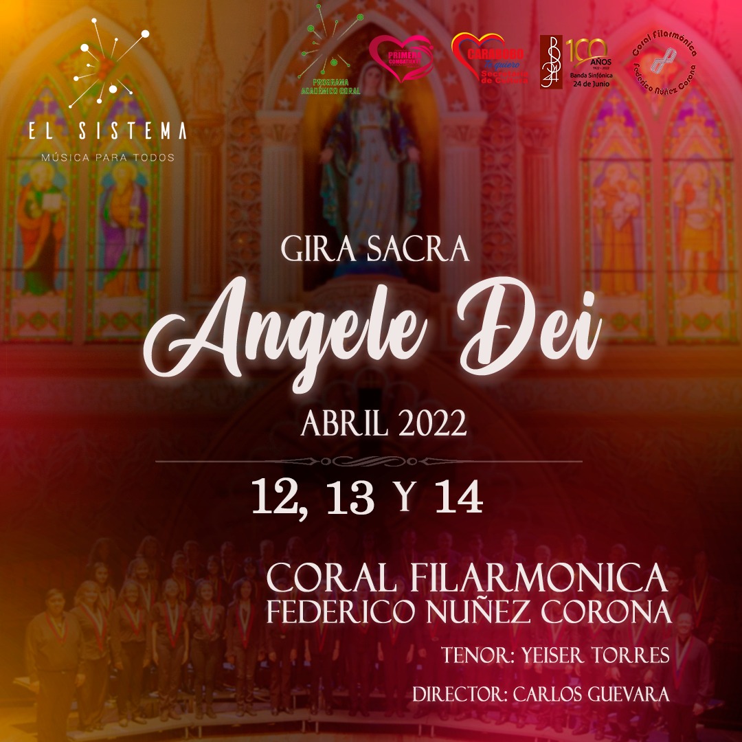 Con placer anunciamos nuestra gira de música sacra Angele Dei. Estamos muy entusiasmados de poder presentar obras de autores como Cerricola,Morricone, NúñezCorona,DíazPeña, DeLos Ríos,Garay,Chacin, además de la misa Luba y la misa Criolla Universitaria. Atentos a nuestras redes