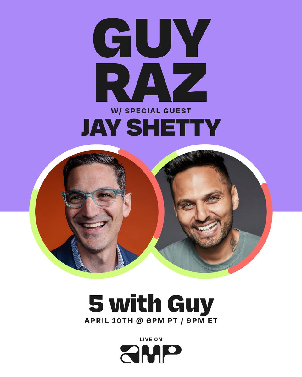 Guy Raz (@guyraz) on Twitter photo “I’m going LIVE ⚡ @OnAmp_ with <a href="/jayshetty/">Jay Shetty</a> at 9pm ET tomorrow, April 10th. We’ll break down 5 songs 🎵 that shaped his life. Wanna be notified? Go here and tap 🔔  Follow: live.onamp.com/guyraz” “I’m going LIVE ⚡ @OnAmp_ with <a href="/jayshetty/">Jay Shetty</a> at 9pm ET tomorrow, April 10th. We’ll break down 5 songs 🎵 that shaped his life. Wanna be notified? Go here and tap 🔔  Follow: live.onamp.com/guyraz”