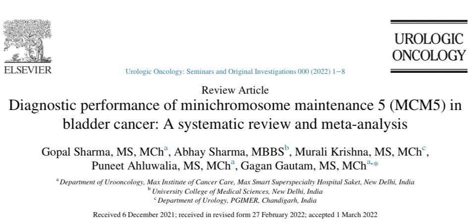 DrGaganGautam's tweet photo. Congratulations to first author, Gopal Sharma @_JJ_stent for our latest systematic review on MCM5 in bladder cancer. Your superb efforts will surely provide a nice insight into the current status of this diagnostic marker! @MaxInstCancCare https://t.co/CBQyCicTvA