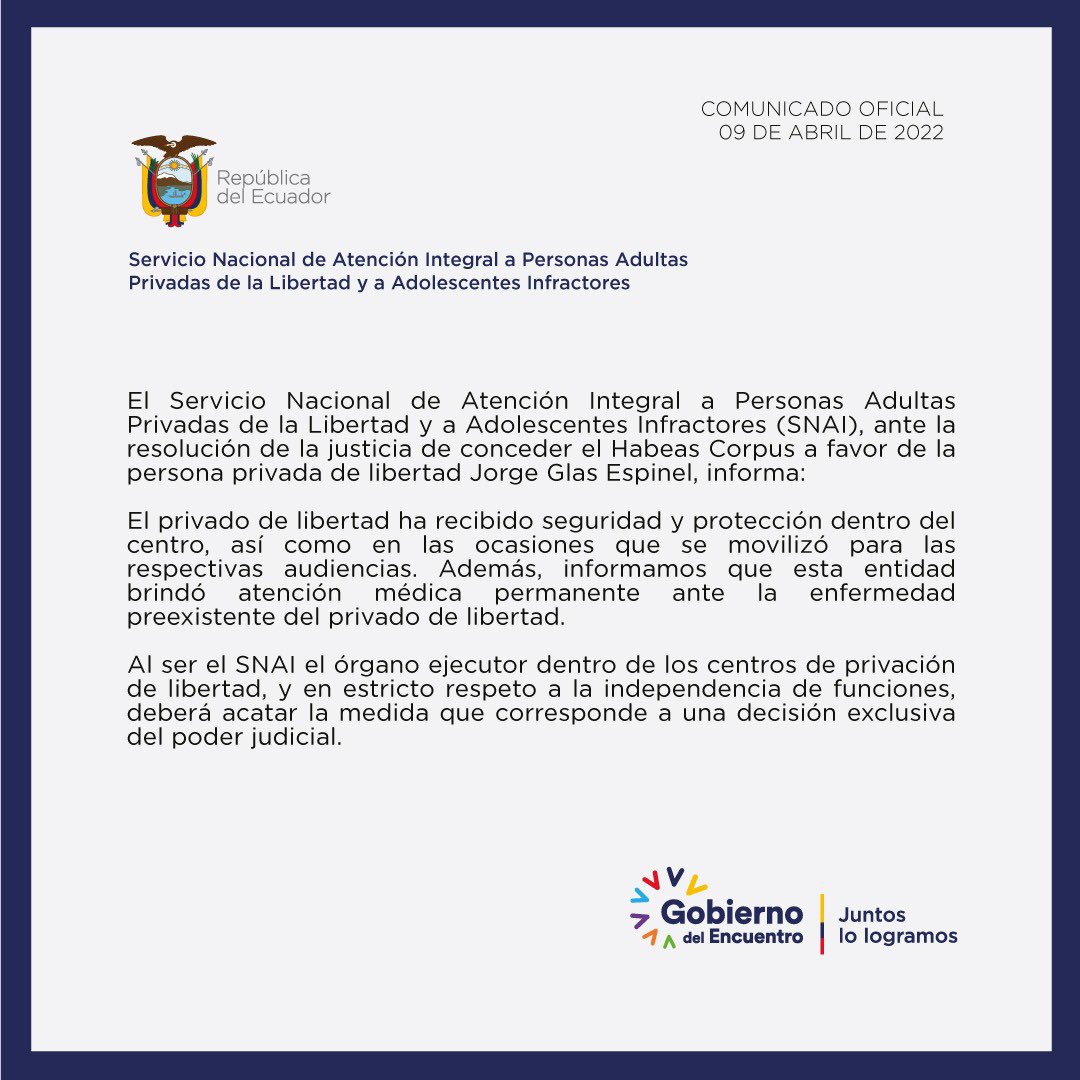 RadioFarra957's tweet image. #ATENCION 
Comunicado oficial del #SNAl que como órgano ejecutor dentro de los centros de privación de libertad y en estricto respeto a la independencia de funciones acata la medida judicial relacionada al privado de libertad, J. Glas.
.
.
#NoticiaEnDesarrollo #Ecuador🇪🇨