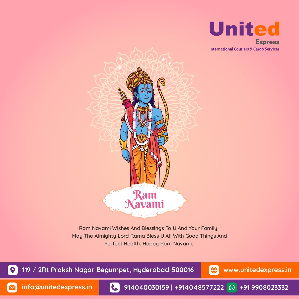 unitedxpresshyd's tweet photo. May Lord Ram bless your family with health, wealth, and prosperity on the auspicious occasion of Ram Navmi.
Happy Sri Rama Navami to all.
#unitedexpress #happy #sriramanavami #international #courier #services https://t.co/2GdGLrTu26