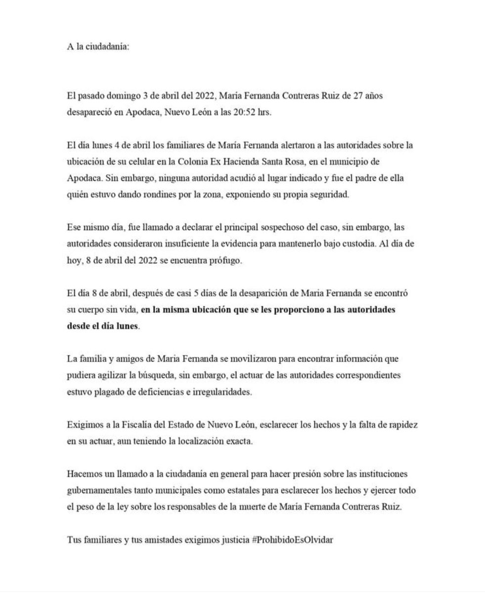 Tenían la ubicación gracias a su papá , tuvieron al presunto culpable declarando y lo dejaron libre , hoy está prófugo. Justicia para #mariafernandacontreras y para todas las mujeres víctimas de desaparición y feminicidio. Exigimos la