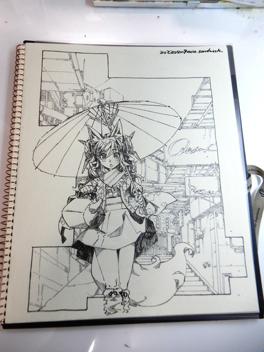 さっきの線画のデジカメ撮影版。四つ切くらいであまり合うフレームが無い。
#線画 #狐娘 