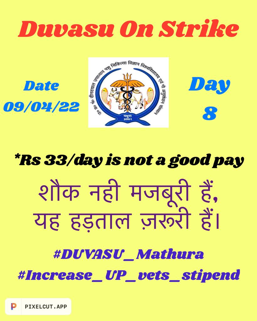 #Increase_UP_vets_Stipend
#DUVASU_Mathura
#SVPUAT_Meerut
#ANDUAT_Ayodhya
<a href="/dharampalbjpmla/">Dharampal Singh</a> <a href="/girirajsinghbjp/">Giriraj Singh</a> 
<a href="/myogiadityanath/">Yogi Adityanath</a> <a href="/PMOIndia/">PMO India</a> <a href="/presidentVCI/">Dr. Umesh C Sharma</a> <a href="/PRupala/">Parshottam Rupala</a> <a href="/drsanjeevbalyan/">Dr. Sanjeev Balyan</a> <a href="/rakesh22440/">Dr R K Shukla</a> @dmmathura7512 <a href="/ptshrikant/">Shrikant Sharma</a> <a href="/ncbjp_laxmi/">Laxmi N Chaudhary</a> <a href="/Chirantan200/">Dr.Chirantan Kadian</a>