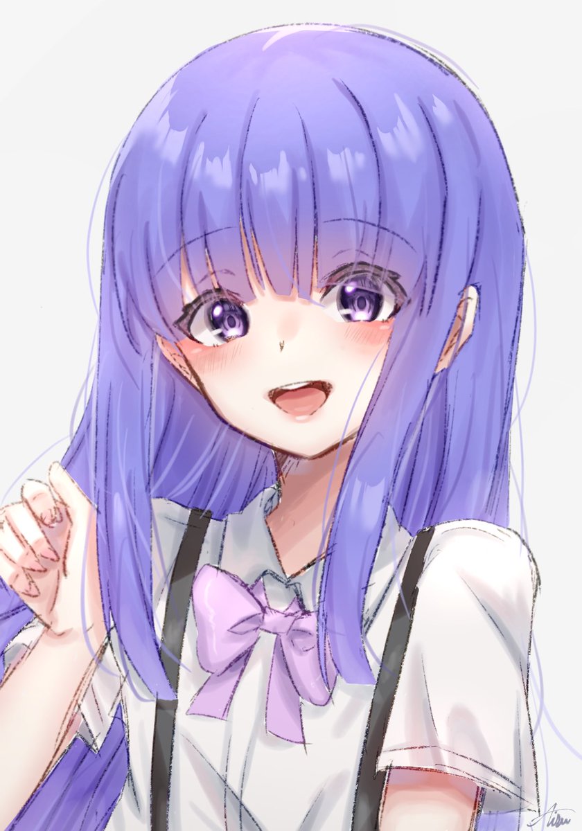 furude rika 1girl solo long hair suspenders shirt purple eyes open mouth  illustration images
