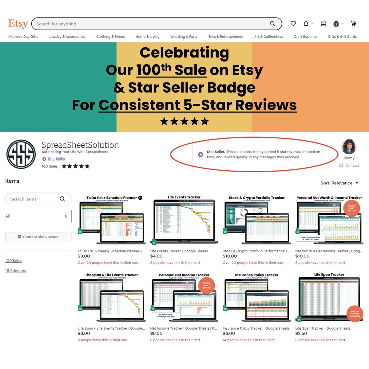 SpreadSheetSoln's tweet photo. Thank you for your support. Today we witnessed a significant milestone for SpreadSheetSolution, crossing our 100th sale &amp; achieving the Star Seller Badge on Etsy. We will continue to give you the best of functionality, design and customer service! https://t.co/BMpel6grpL https://t.co/HHfHLpiOTp
