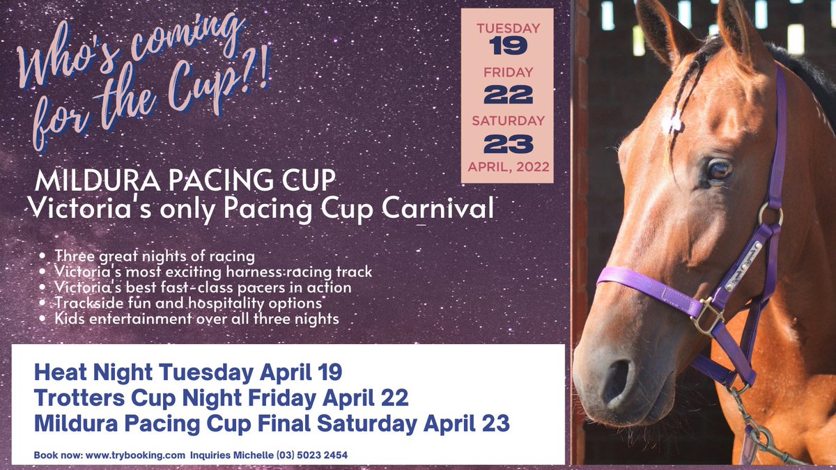 Only nine sleeps until Heat night!! Have you heard who's coming for the Cup? Make sure you're amongst the action. Hospitality packages available at our website milduraharness.com.au or just bring the kids and enjoy a great night (or three!!) of school holiday fun at the trots!
