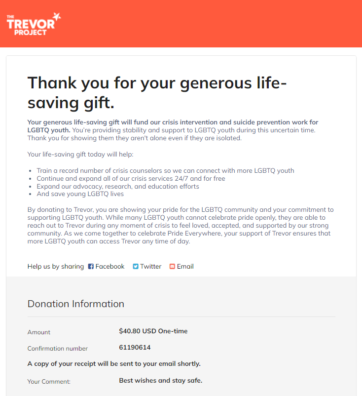 We have just donated the proceeds of our Charity cables for the last few months to <a href="/TrevorProject/">The Trevor Project</a> 😊

Thanks to all those who order our charity cables to help us support amazing causes together.

We will pick another charity and update our Charity Paracord product page shortly.