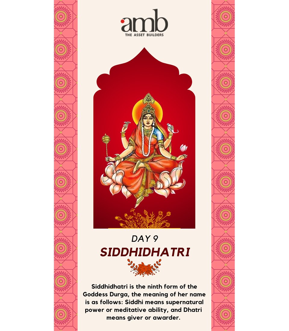 AMB__Group's tweet photo. Day 9 of Navratri is dedicated to Goddess Siddhidatri. Siddhi means supernatural power or meditative ability, and Dhatri means giver or awarder.
#AMBGroup #ambgroup #amb #Siddhidhatri #day9 #Navratri2022 #HappyNavratri #goddess #blessings #navratri #navratrispecial #celebration https://t.co/GVXwfnqKUH