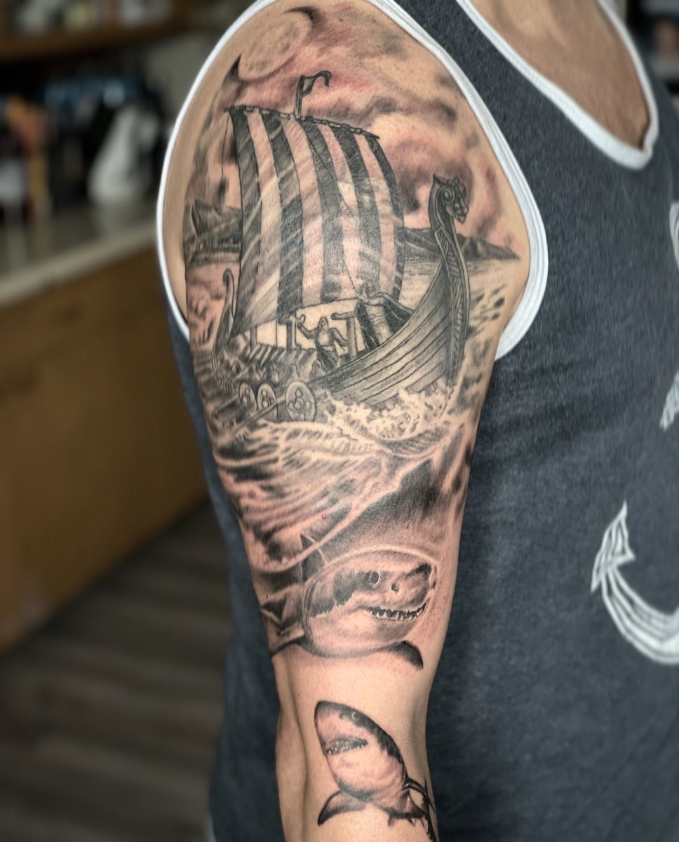 Fun Viking tattoo I’ve done #viking #shark #tattoo