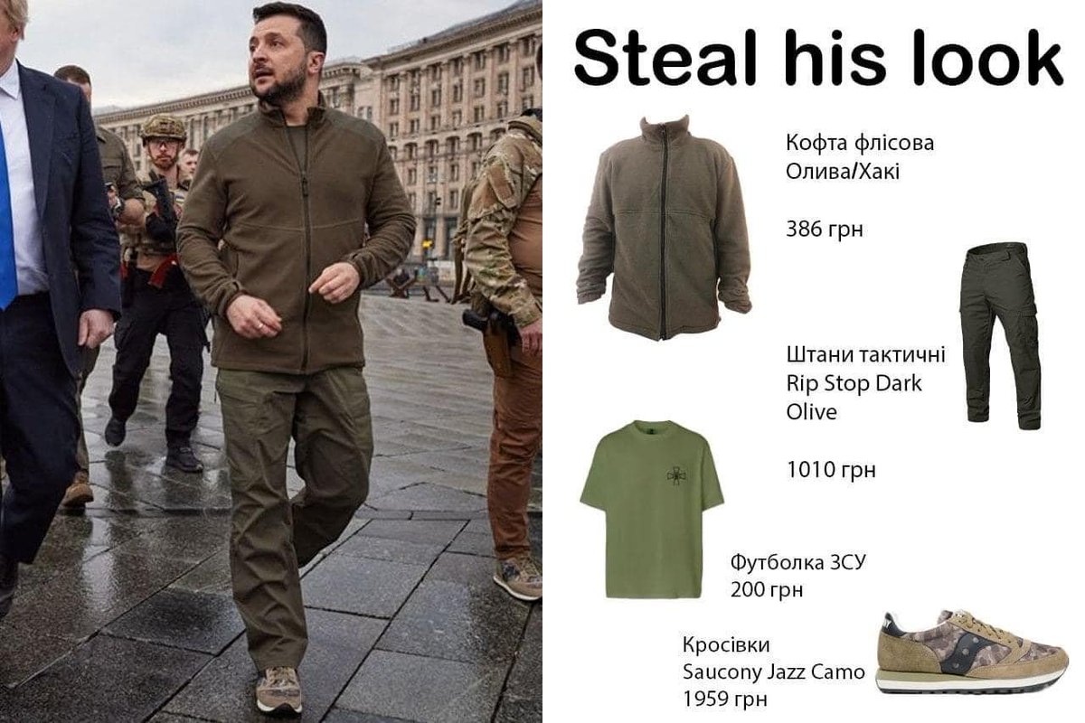 Dress like the leader of the free world: The Zelenskyy collection 😎

Jacket 12€, trousers 30€, T-shirt 7€, sneakers 70€.
#OliveIsTheNewBlack