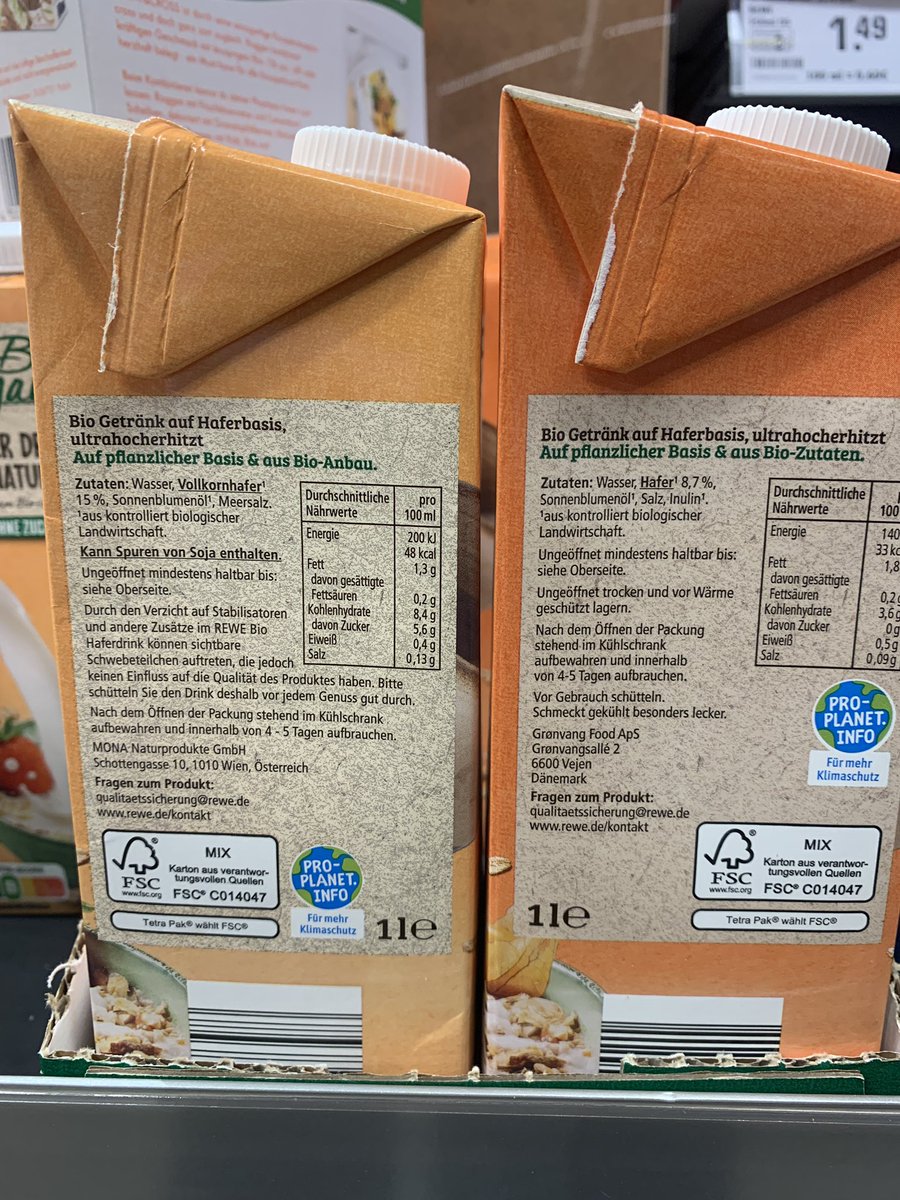 Moin <a href="/REWE_Supermarkt/">REWE</a> ist das rechts der neue Haferdrink? Weniger Hafer, dafür Inulin und kein „Meersalz“ mehr? Bleibt das so?