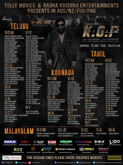 LensMediatamil's tweet photo. #KGFChapter2 Australia Theaters List💥

#Kannada #Telugu #Tamil #malayalam https://t.co/YnwzxRmRD1