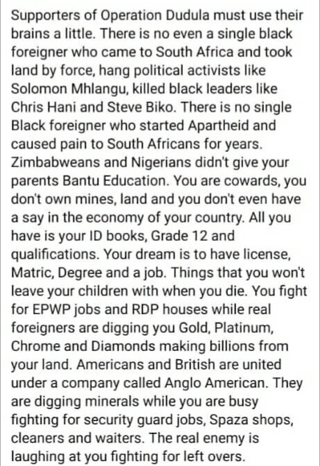 Patricia_Bantom's tweet photo. South Africans on Foreigners. 
If you understand this you are mentally liberated.
#OperationDudula https://t.co/MFlVO0vSt4