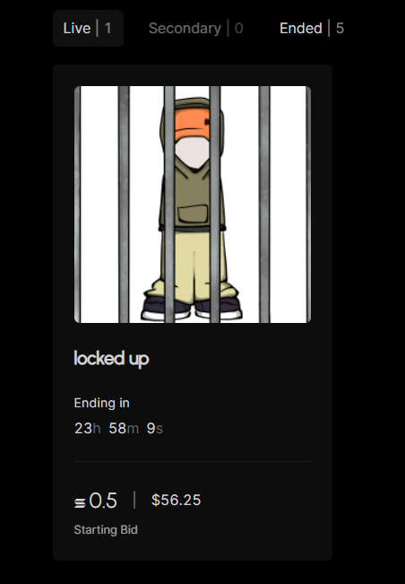 JesseGuap's tweet photo. poppin out of nowhere😶‍🌫️
told yall i was coming back to holaplex .. didnt say when tho🤔
"locked up" 
24hr auction starting @ 0.5
gap time 10 min
#holaplex #NFTartist #NFTartists #SolanaNFTs https://t.co/HXOSaPcYPu