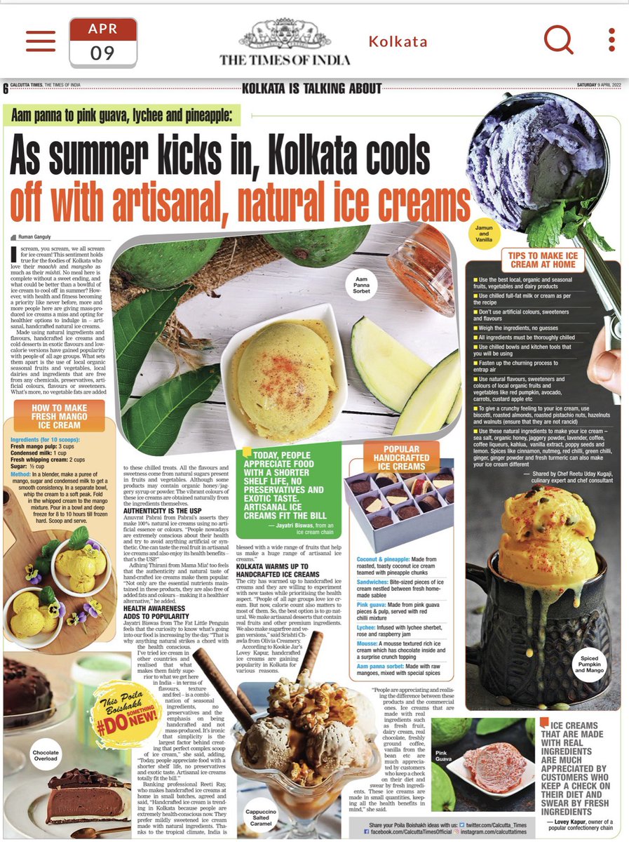 chefreetuudayk's tweet photo. Aam panna to pink guava lychee&pineapple:
As summer kicks in Kolkata coolsoff with artisanal natural ice creams
This Poila
Baishakh
SOMETHING
#DONEW
An Amazing story by @RumanGangulyTOI in @timesofindia #calcuttatimes
Pg6
Thank u #rumanganguly 4 T fantastic feature of my inputs https://t.co/Vzv29jnjMF