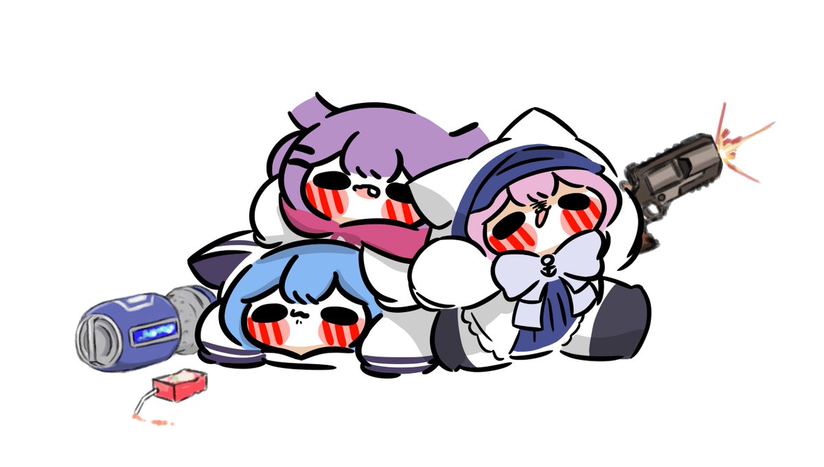 selen tatsuki multiple girls gun weapon 3girls blue hair purple hair hood  illustration images
