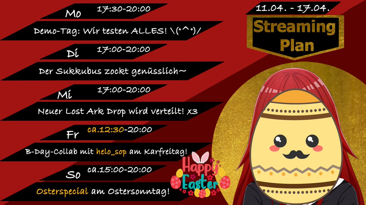 AsukaSeitou's tweet photo. TADAAA! Diesmal gibt es den #Streamingplan plus Special-Ankündigung schon am Sonntag! \(°^°)/
Karfreitag: Wir feiern mit helo_sop ihren Geburtstag!
Ostersonntag: #Osterspecial mit Eierbemalen & #Klazmo #Gewinnspiel! \(°^°)/
#LostArkDrops #LostArk #Vtuber #GerVtuebr #Easter https://t.co/ADzKOdmIWq