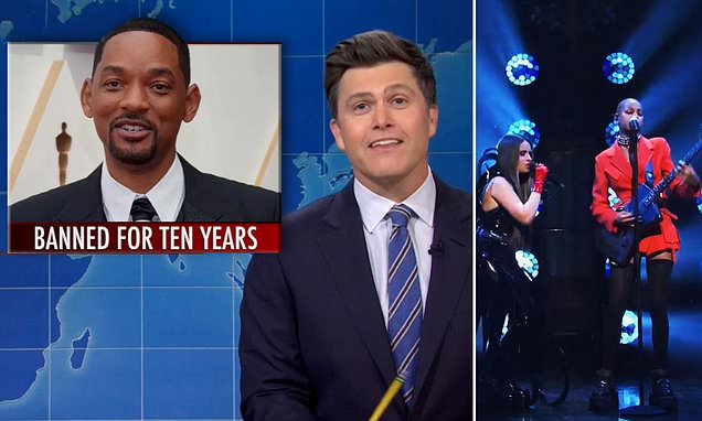 'A real punishment would be to make him host next year's Oscars': SNL's Colin Jost mocks Will Smith's slap ban moments before daughter Willow performs on the show with Camila Cabello https://t.co/YMZwgQu6Qc https://t.co/uTEdo7dGPJ