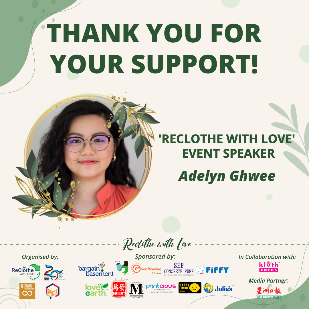 ReclotheL's tweet photo. A big thanks to Adelyn Ghwee, our event speaker, for joining our 'Reclothe With Love' event! It was a great time during your talk session with us and the other participants♻️.

#utar #utarevent #sdggoals #sdg12 #reclothewithlove #textilewaste #fabricwaste #recycling #sustain https://t.co/rNvI59lcWl