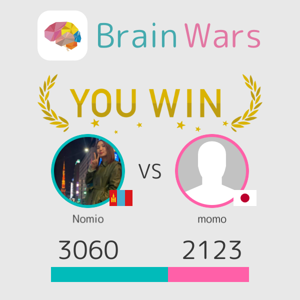 tnomindari's tweet photo. I challenged momo and won:) Challenge players from around the world! #BrainWars https://t.co/UJjPSldAGo https://t.co/C9KbZvwVMY