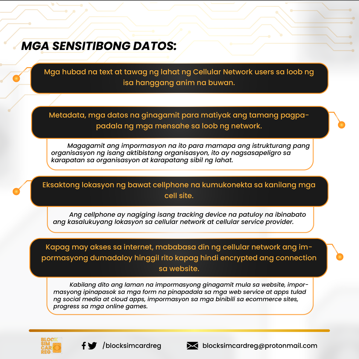blocksimcardreg's tweet photo. Infographic | Malinaw na napaka saklaw at sensitibo ng impormasyong dumadaloy sa mga cellular network. Isa sa mga pamamaraan para malagpasan ito ay ang paggamit ng prepaid SIM Card upang hindi matali ang personal na impormasyon sa mga sensitibong datos.

#BlockSIMCardReg https://t.co/ucejFvs17W