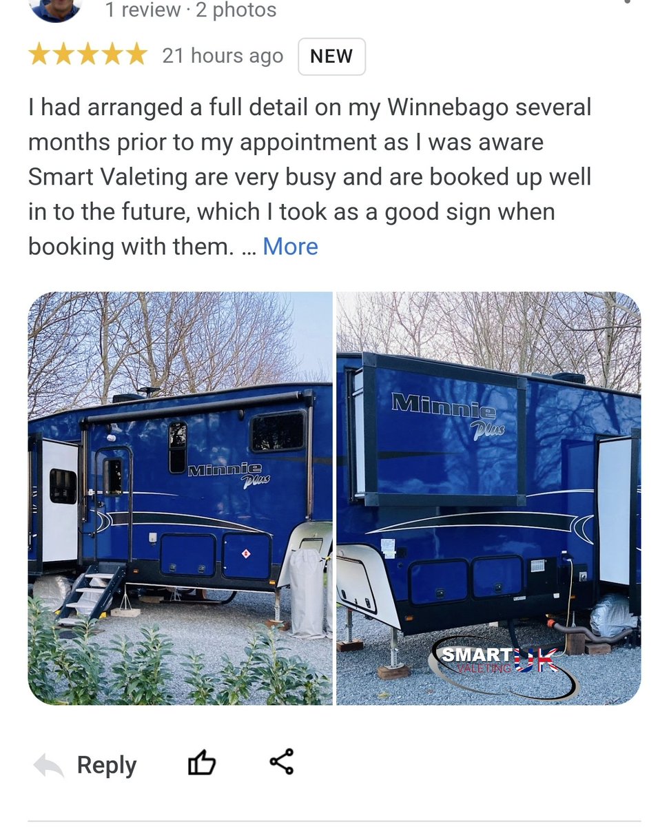 SmartValeting's tweet photo. Another Google review for team smart valeting UK... we don't do bragging about our work, hoe ever is great to see what our customers think.....
#smartvaletinguk
#caravancleaningservices
#mobilecarvaleting
#winnebago
#machinepolishing https://t.co/wLXRgthgit