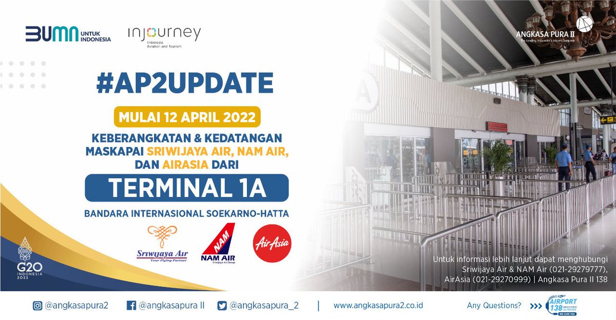 INJairports's tweet photo. #AP2UPDATE
Mulai 12 April 2022, pelayanan Maskapai Sriwijaya Air, Nam Air, dan Air Asia dilakukan di Terminal 1A Bandara Internasional Soekarno-Hatta.
Informasi lebih lanjut, hubungi Sriwijaya Air/ Nam Air di (021) 29279777 dan Air Asia di (021) 29270999 atau @contactap2 di 138 https://t.co/Lv9UJICpZj