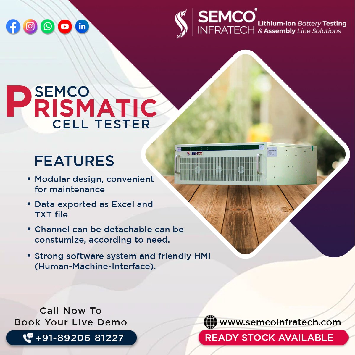 semcoinfratech's tweet image. READY STOCK AVAILABLE !!!
Lithium-Ion Battery Testing and Assembly Equipment
PRODUCTS ARE AVAILABLE IN ALL RANGES:
Book Your PRISMATIC CELL TESTER !!!
Call at +918920681227
#semcoinfratech #prismaticcelltester #Spotwelding #machine #Battery #charger #discharge #cabinets #testing