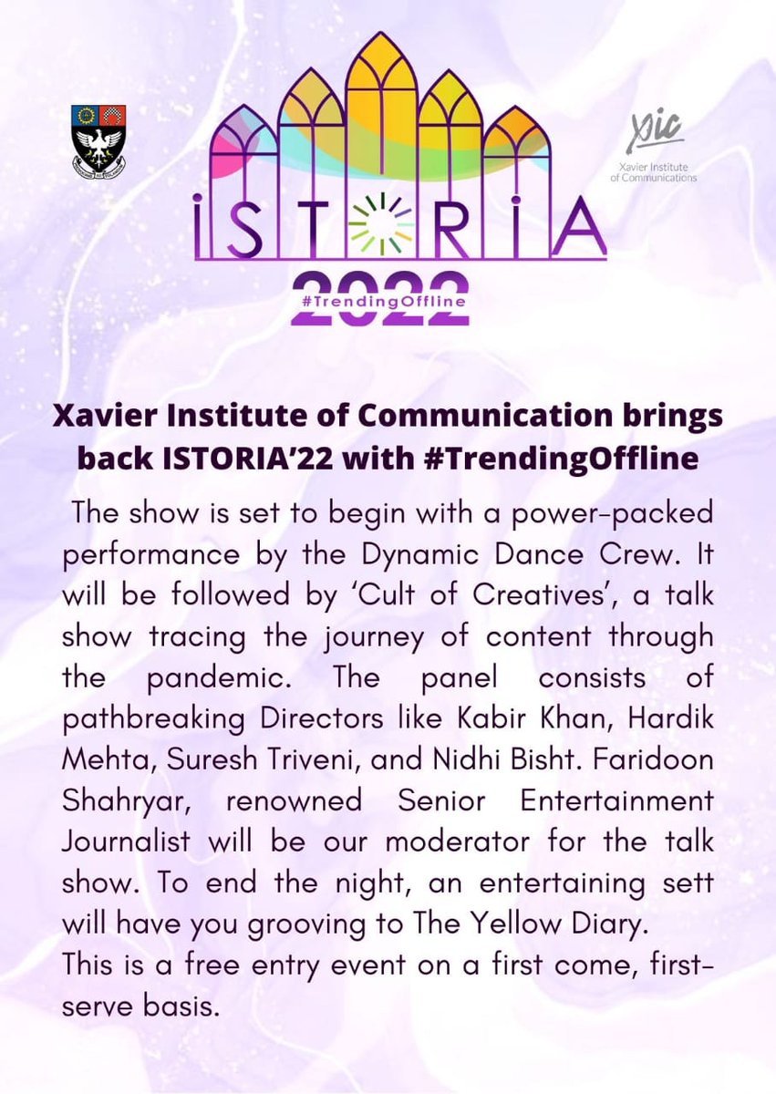 Xavier Institute brings back #Istoria22, with #TrendingOffline.

#DynamicDanceCrew, Kabir Khan, The Yellow Diary set to grace the event.

<a href="/IstoriaXIC/">Istoria 2023</a>

Read Here: surl.li/bsrgx

#XavierInstitute #Mumbai #Mumbaikars #Event #Students